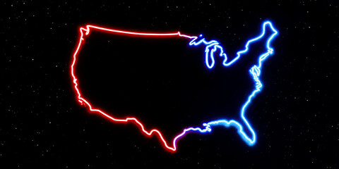 Neon outline of the United States of America in red and blue, with red on the west coast and blue on the east coast.