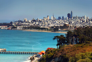 San Francisco skyline with skyscrapers and San Francisco Bay scene. California, United States