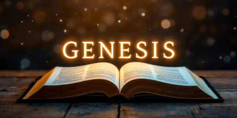Glowing gold "GENESIS" word with a spotlight on it is above an open bible on an wooden table. Blurred background with white bokeh dots.