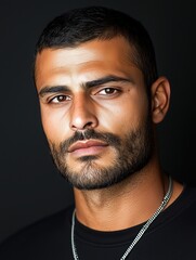 Fototapeta premium Portrait of a young Pakistani man with a beard with a thoughtful expression, soft studio lighting on a dark background