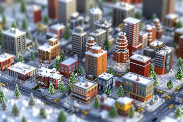 Obraz premium A miniature winter city scene covered in snow, featuring various buildings, trees, and roadways, creating a charming, festive atmosphere.