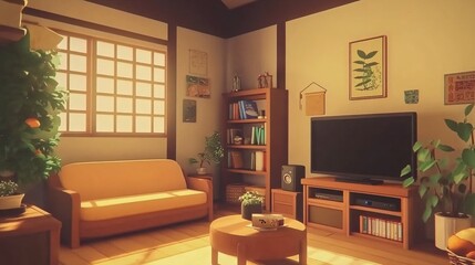 Cozy anime-style room with a plain wall, a comfortable couch, and a TV, designed with a simple, minimal aesthetic