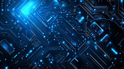 Futuristic blue circuit board background: modern technology design featuring quantum computing concepts and large data processing, minimalistic motherboard texture for innovation and tech solutions