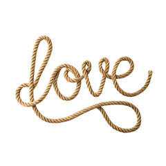 The word "love" formed by a natural rope, symbolizing connection, strength, and unity, isolated on white.