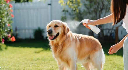 Summer pet care concept with golden retriever in sunny garden