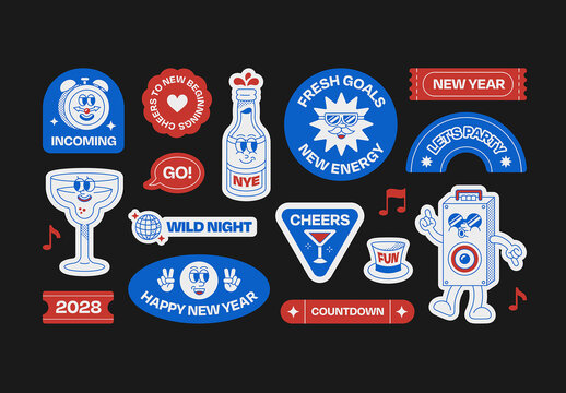 NYE Stickers Set for Retro New Years Eve Graphics & Illustrations