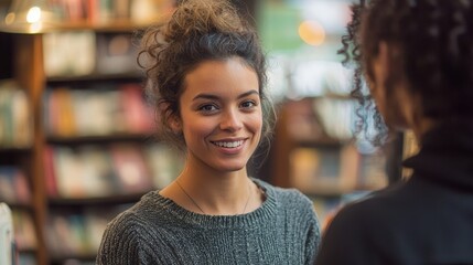 A small business owner interacting warmly with a regular customer in her quaint bookstore Her genuine smile reflects her passion and dedication to her business A charming depiction of women 
