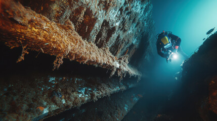 Diver exploring layers of marine sediment covering metal beams in shipwreck. underwater scene reveals beauty of marine life and remnants of sunken vessel