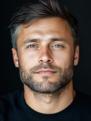 Portrait of a young Russian man with a beard with a thoughtful expression, soft studio lighting on a dark background