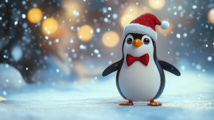 Fototapeta premium Cute penguin in a red Santa hat and bow tie standing in a snowy winter scene with falling snowflakes, creating a festive holiday atmosphere.