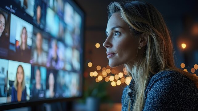 A woman leading a hybrid strategy meeting with virtual participants visible on a large screen Her assertive body language emphasizes her authority in navigating modern work setups A forward-thinking 