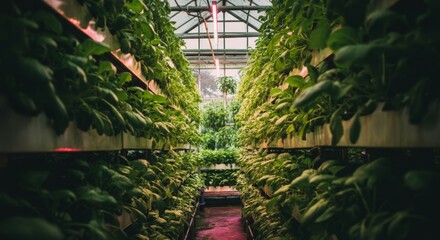Lush green vertical farm with led lighting in a greenhouse
