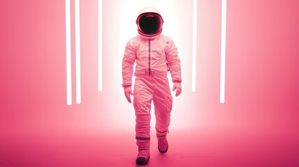 A lone astronaut in a pink-lit environment, embodying a futuristic and imaginative exploration theme.