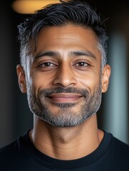 Obraz premium Portrait of a young Sri Lankan man with a beard with a thoughtful expression, soft studio lighting on a dark background