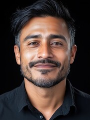 Fototapeta premium Portrait of a young Sri Lankan man with a beard with a thoughtful expression, soft studio lighting on a dark background