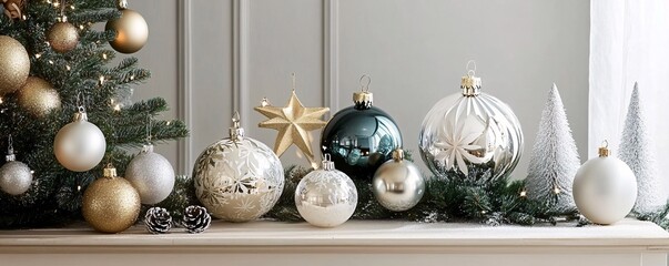 Christmas ornaments decorating a white mantlepiece with christmas tree