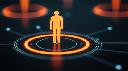 A solitary figure stands at the center of interconnected circles, symbolizing networking, technology, and human connections in a digital landscape.