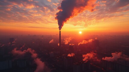 Fototapeta premium Smoky industrial chimneys against an orange sky, symbolizing pollution and greenhouse gas emissions. Thick clouds of smoke billow upwards, filling the air with toxic particles, emphasizing environment