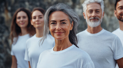 Fototapeta premium Portrait of an older woman in a white shirt, smiling confidently with a group in the background, representing vitality, community, and positive aging.