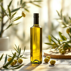 A olive oil concept prepared for mockup, with a glass of bottle on a light wooden table