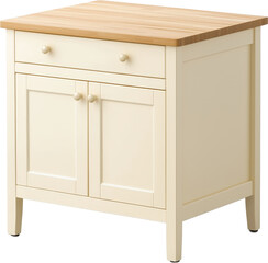A creamy-colored kitchen cabinet with a wooden top, featuring a drawer and double doors for storage.