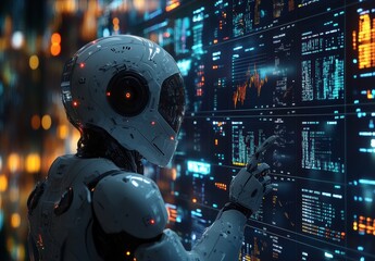 A futuristic robot interacting with a high-tech data screen