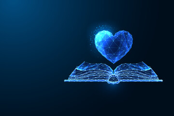 Glowing AI heart floats above open book on dark blue background.Creativity, and futuristic learning