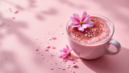 A delightful pink matcha latte with flower petals on a white surface, creating a vibrant and inviting scene.