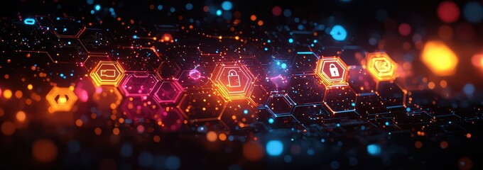 Fototapeta premium A digital background featuring an array of interconnected hexagons, each containing icons representing various types or colors of data and cyber security symbols 