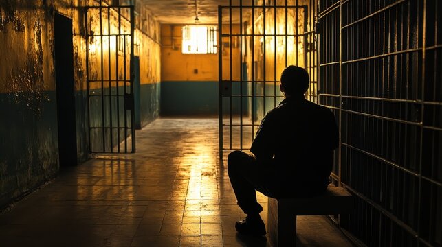 A man sits alone in a prison cell. The image depicts the loneliness and confinement of imprisonment.
