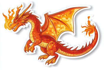 Obraz premium Flat cutout vector sticker of fantastical dragon with fiery breath, isolated on white background.