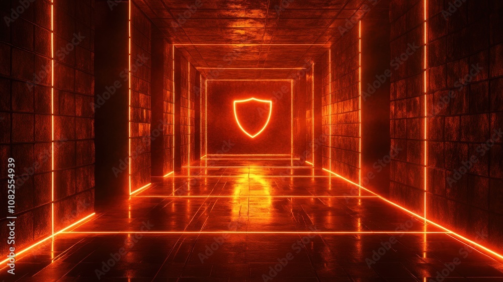 Wall mural cybersecurity action virtual shield icon in cyber matrix grid digital environment futuristic concept