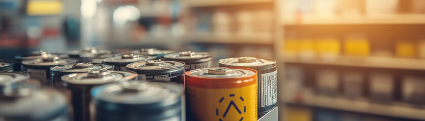 Recycled batteries stacked on shelf in bright, organized space, showcasing importance of proper disposal and environmental care