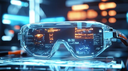 Futuristic CGI concept of virtual reality simulator glasses with advanced technology and immersive digital interface
