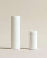 white cylindrical conditioner small and shampoo tall white container, generative ai