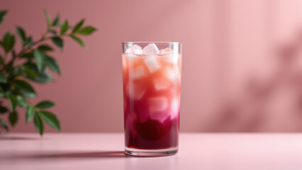 Pink drink with ice cubes served on a table.