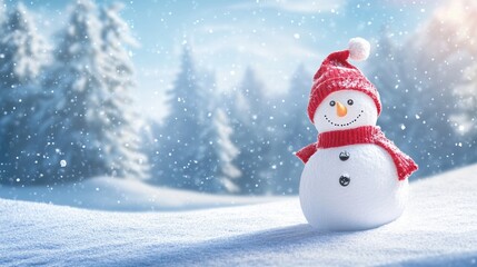 Obraz premium Christmas Winter Background with Snowman in Snowy Forest and Clear Sky