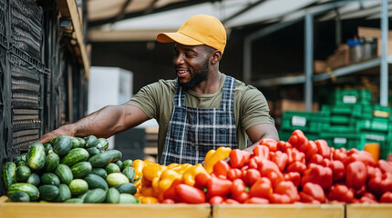 Fototapeta premium Warehouse worker handling fresh produce, organizing vegetables in a busy storage area, emphasizing logistics and supply chain in a market environment