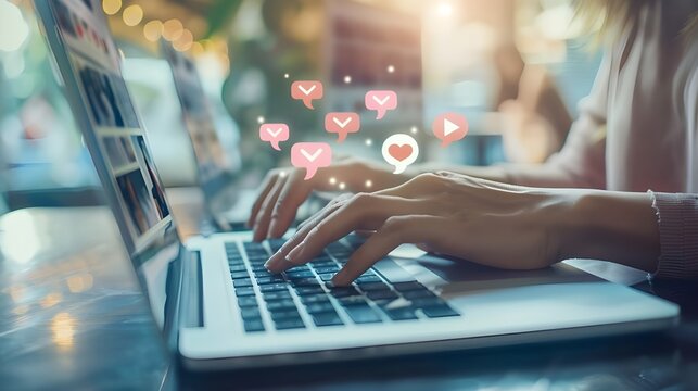 A woman uses a laptop computer to access social media content, work online, create content, create a blog, use technology, and browse blogs on the internet at the same time.
