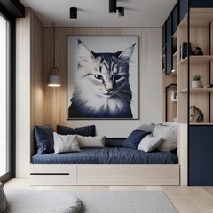 Bright and lively cat posters are displayed on the walls of this children's room. The oversized poster design enhances the playful setting