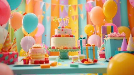 Colorful birthday party setup with uncut cake, gifts, empty chairs