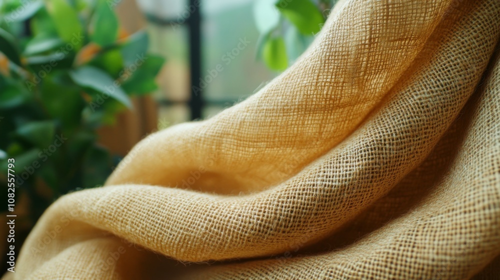 Poster a soft beige fabric gently cascades over a surface, illuminated by natural light, while lush green p