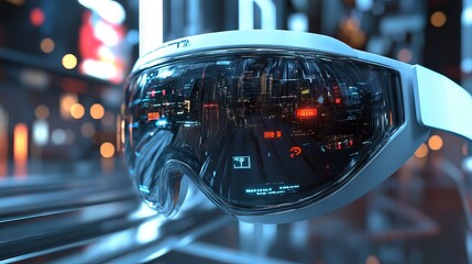Futuristic CGI concept of virtual reality simulator glasses with advanced technology and immersive digital interface