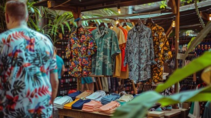 Obraz premium Vibrant Summer Shirts Hang at a Market Stall Surrounded by Greenery