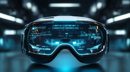 Futuristic CGI concept of virtual reality simulator glasses with advanced technology and immersive digital interface