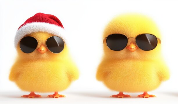 Adorable Chicks Don Festive Accessories To Celebrate The Holiday Season In Style Isolate On White Background