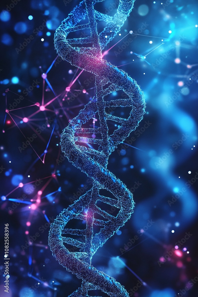 Poster Dna helix rotating on blue abstract background with network connections