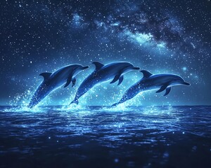 Fototapeta premium Glowing Dolphins Leaping Through Starry Ocean Night