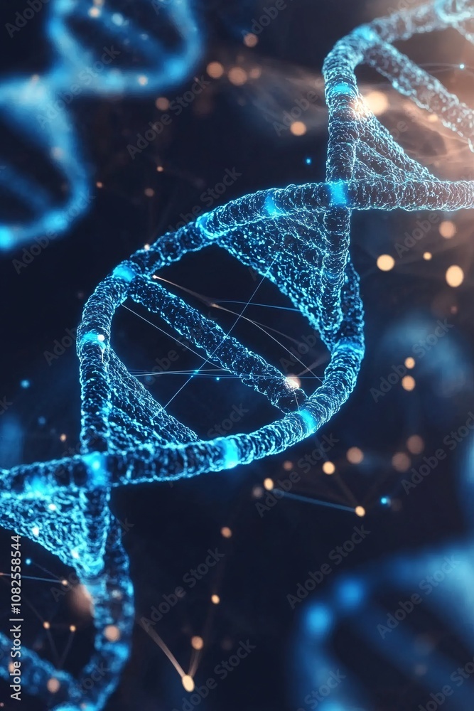 Aufkleber glowing dna helix rotating on dark blue background with network connections