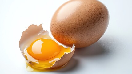 Brown egg, cracked shell, yolk exposed, white isolated background.